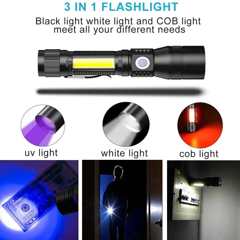 3 In 1 UV Flashlight Rechargeable Tactical Flashlight with Pocket Clip High Powered LED Light 7 Modes Waterproof for Camping