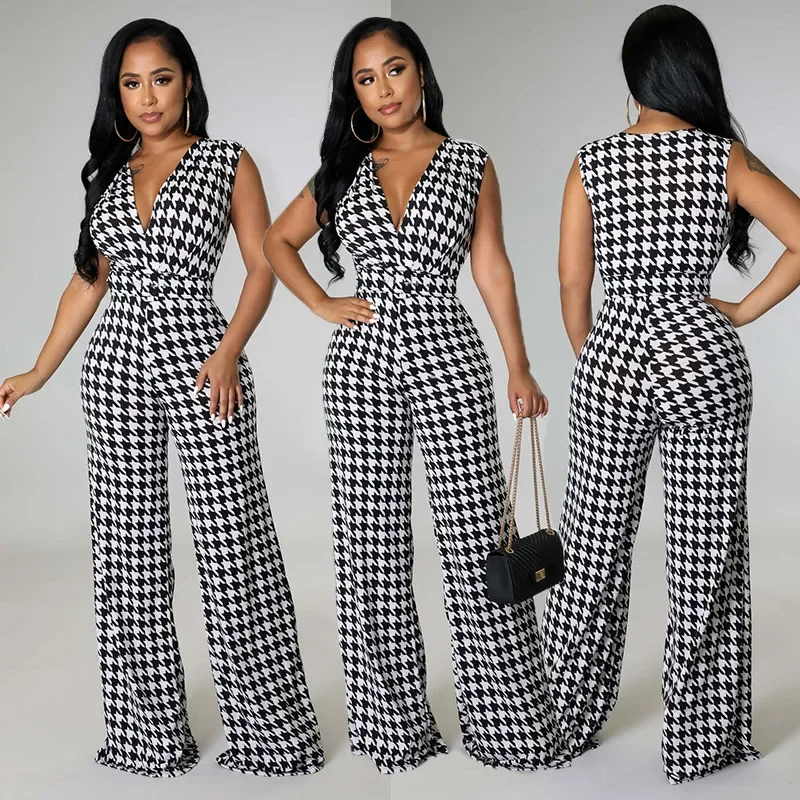 Womens Sexy V-neck Sleeveless Houndstooth High Waist Belted Jumpsuit Clubwear Rompers