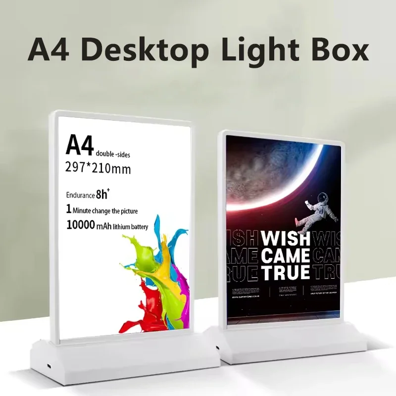 Rechargeable A4 Desktop LED Light Box Wireless Charging Magnetic Doubleside Advertising Light Box Restaurant Menu Display Holder