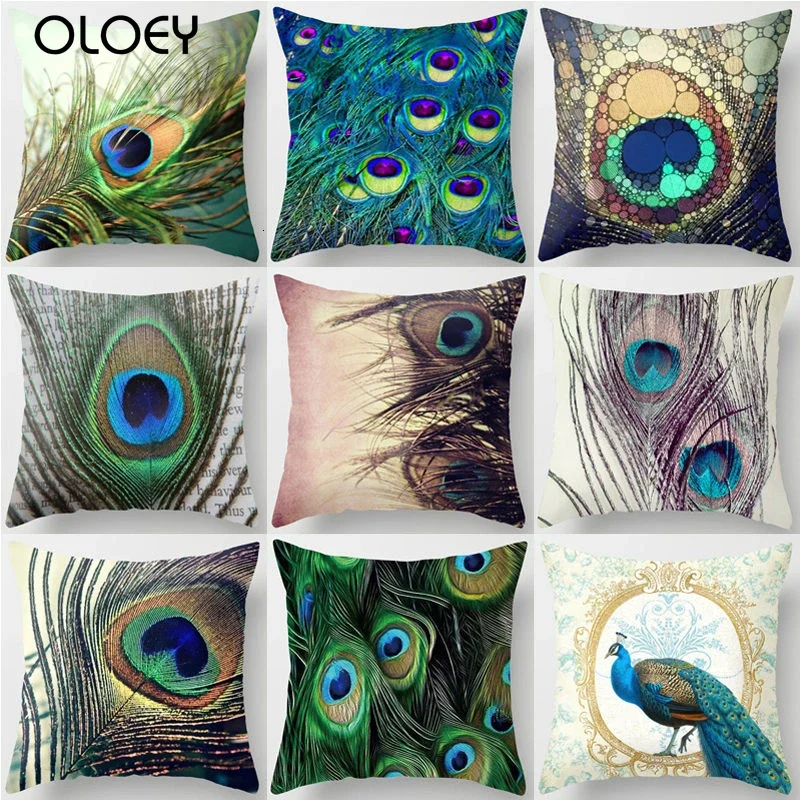 1Pcs Colorful Peacock Feather 45*45cm Polyester Cushion Cover Decorative Pillow For Sofa Seat Car Waist Cojines Home Decor 40826