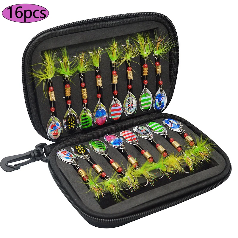 

16pcs Metal Spinner Bait Fishing Lure Artificial SpinnerBait For Pike Bass Trout Fishing With Fishing Bag