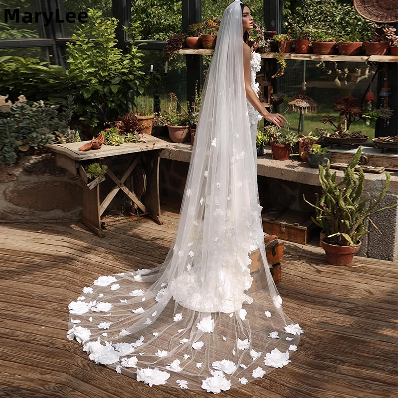 

Свадебная фата с разбросанными 3D цветами, мягкий тюль, одноуровневая, длина часовни, свадебная фата для женщин, аксессуары цвета слоновой кости по индивидуальному заказу