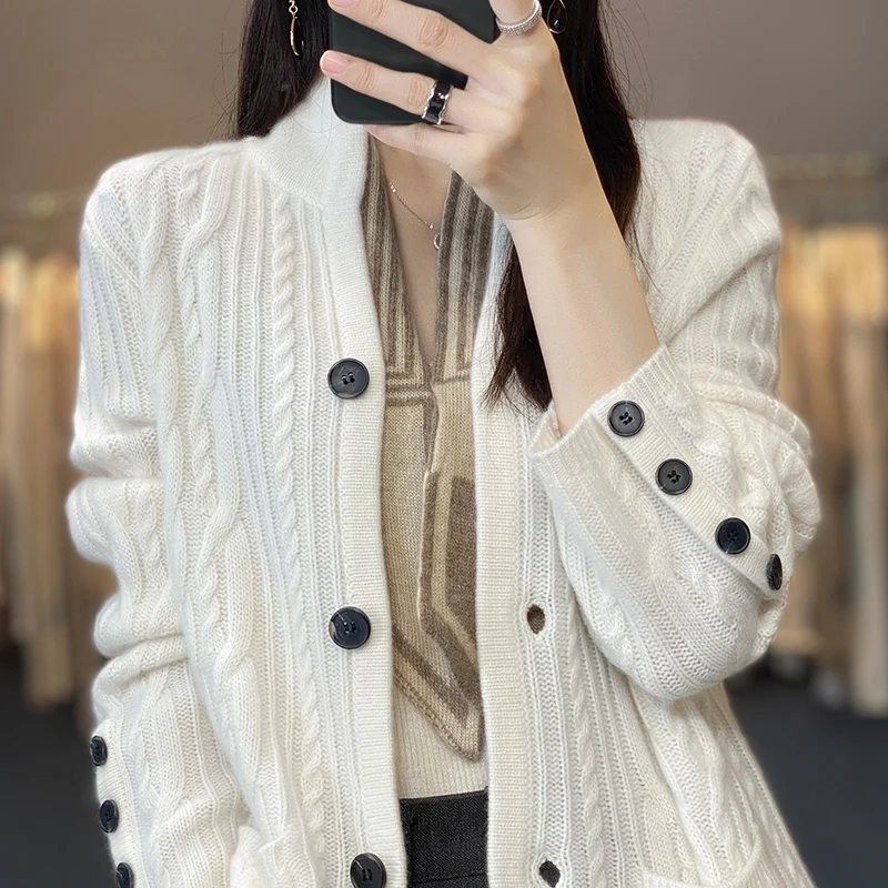 100%Cashmere Wool Sweater Women\'s New Stand Collar Cardigan Casual Knitted Tops European American Fashion High End Female Jacket