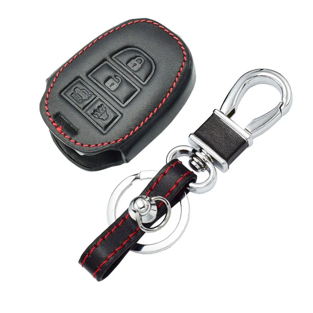 

WFMJ Black Leather For Toyota RAV4 Corolla Camry 4 Buttons Key Fob Chain Cover Case