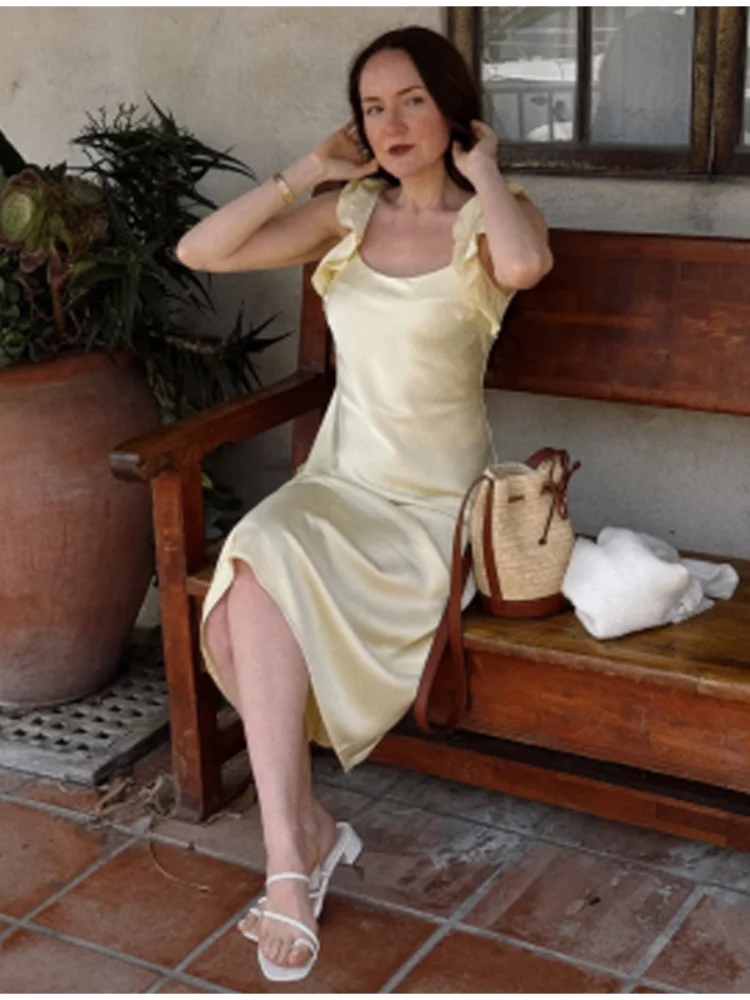 

Sexy Yellow Satin Midi Dress Women Chic Square Neck Sleeveless High Waist Slim Dresses 2026 Summer Lady Solid Vacation Robes