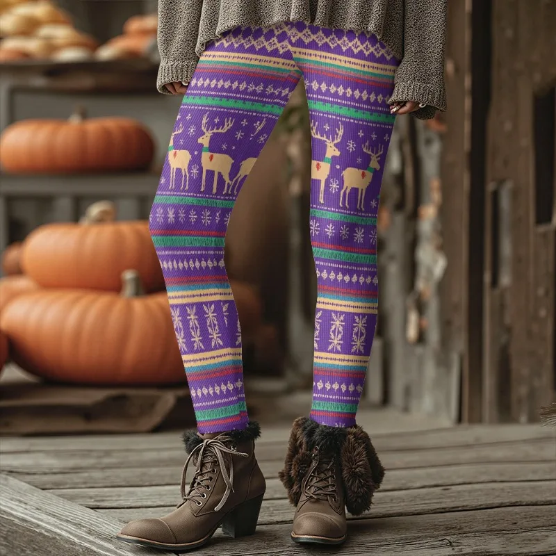 Weihnachten Vintage Punk Leggings warme Winter Thermo Stretch Hose mit Hirsch Schneeflocke Damen lustige Print Strumpfhosen Plus Größe – Detail 11