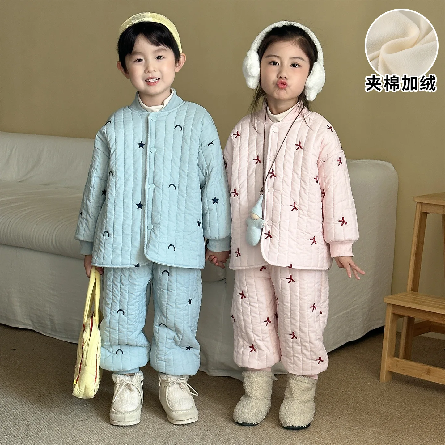 Children's Velvet Set Autumn and Winter Embroidery Boys and Girls Three-layer Cotton-padded New Thickened Baby Pants