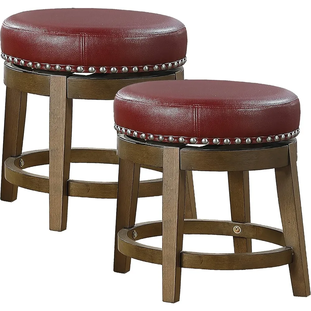 2 piece round kitchen swivel table stool, 19.5 inches high, upholstered in red faux leather, with nickel nail head trim