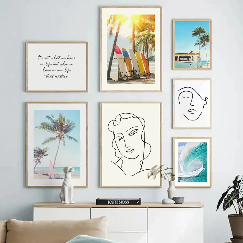 Sunshine Beach Surfboard Line Art Face Abstract Wall Art Canvas Painting Nordic Style Posters Prints Wall Pictures Perfect