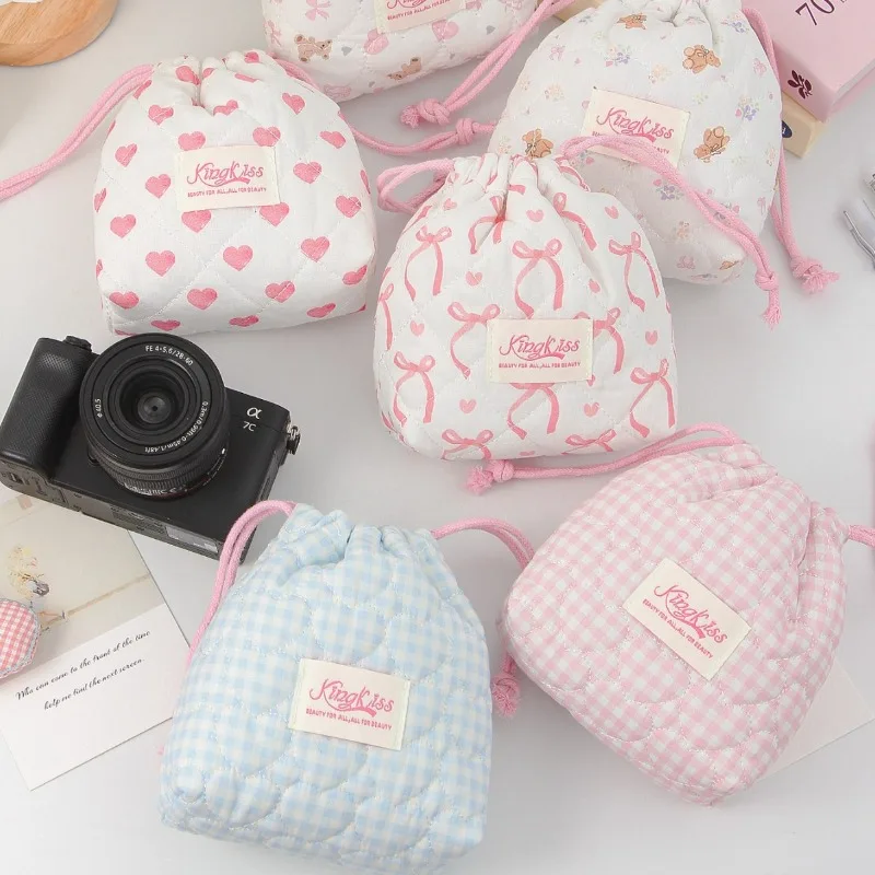 Cartoon Love Bow Quilted Camera Storage Bag for Girls Kawaii Portable Makeup Pouch Cotton Padded Travel Organizer for Women