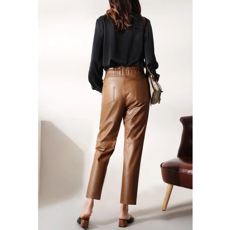 Women's Leather Pants, Female Elastic High Waist Genuine Pants, Loose Harem Trousers, Casual Fashion, Large Size, Autumn, Winter