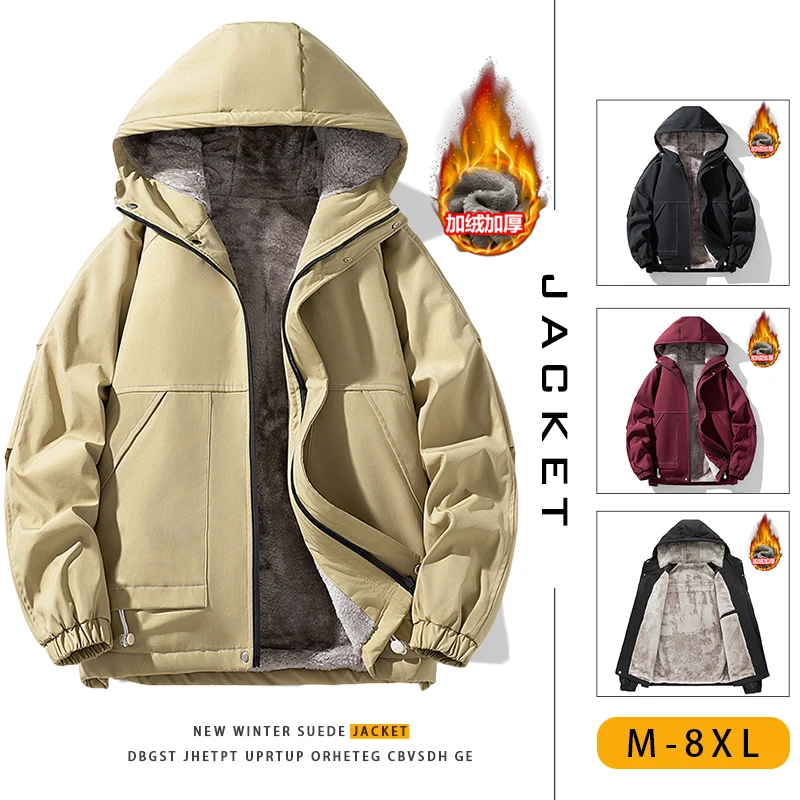 

Spring And Autumn Fleece Lined Warm Hooded Jacket Windproof Vintage Fashion Loose Bomber Jacket Fall Men Plus Size Coats