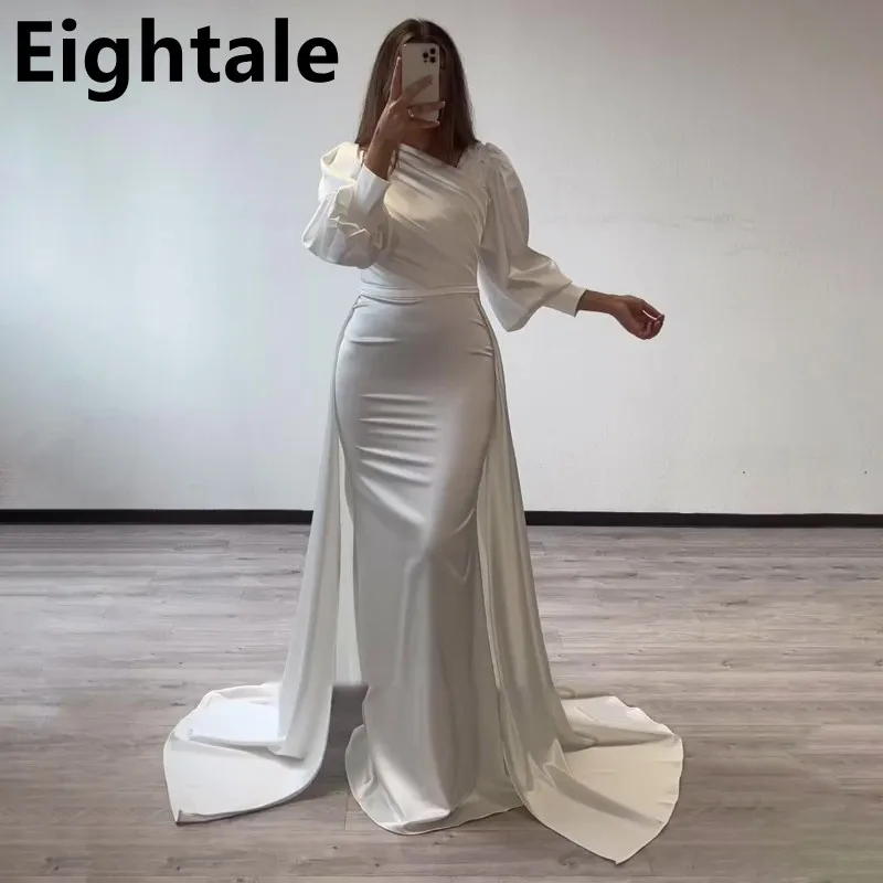 Eightale White Satin Mermaid Long Puff Sleeve Evening Dress Wedding Party Prom Dress Dubai Party Gown Robe de soiree Customized