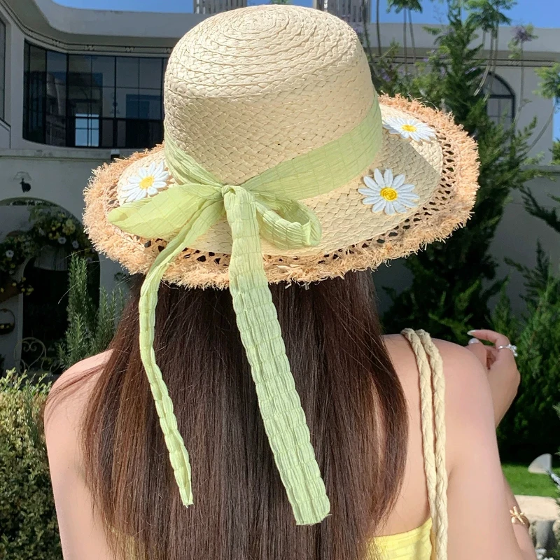 Faltbare Sommer-Strandhüte aus Weizenstroh mit breiter Krempe für Damen, Boater Cap mit Schleifenband für den Urlaub, Derby Audrey Hepburn Gorra – Detail 3