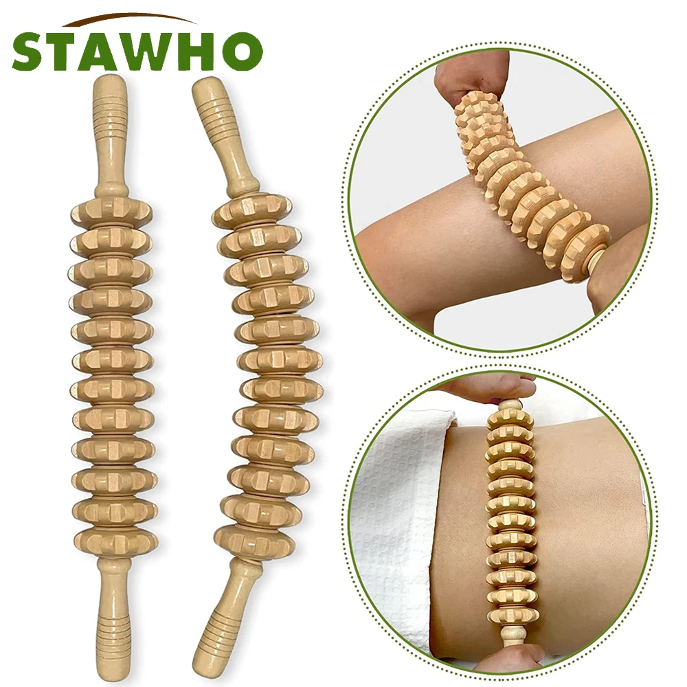 Wooden Therapy Massage Stick 9 Roller Tool for Lymphatic Drainage,Cellulite Trigger Point Manual Muscle Release Rolling Massager