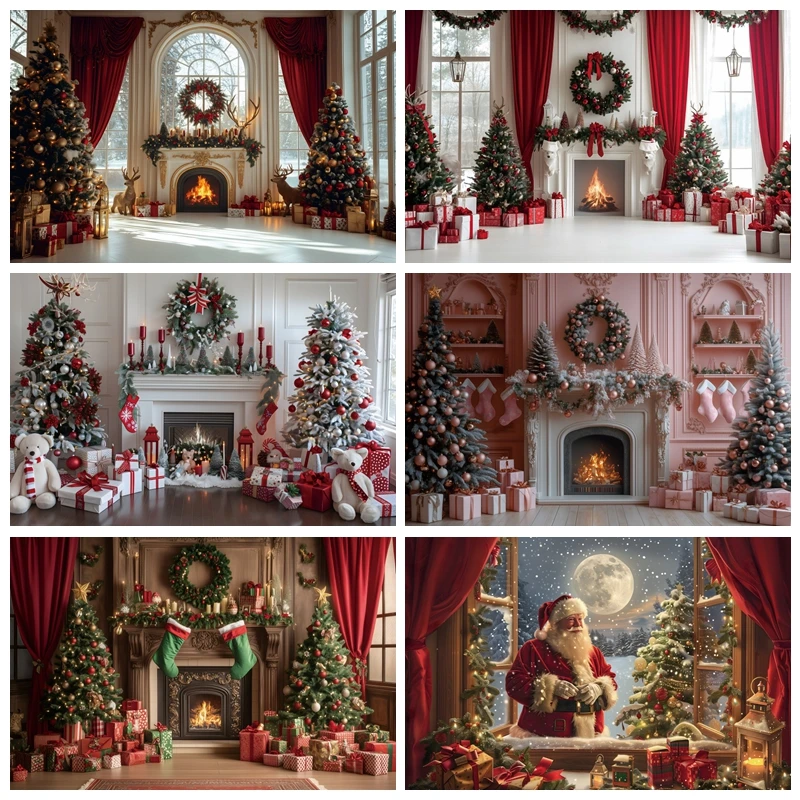 Merry Christmas Photography Backdrops Xmas Tree Fireplace Santa Kids Family Child Xmas Winter Festival Decor Photo Background