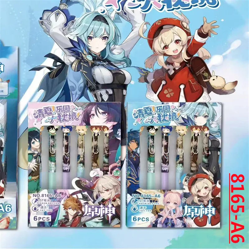 6 יח'\קופסא משחק Genshin השפעה חמוד מתכת תליון רולר כדור עט קריקטורה מכתבים Zhongli Kaedehara Kazuha שחור דיו ג 'ל עט