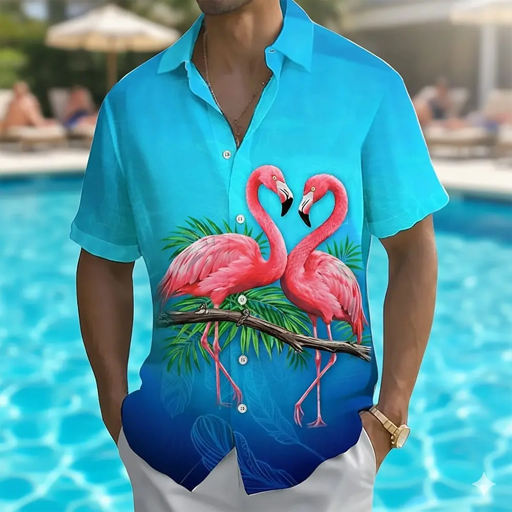 

Men's Animal Flamingo Palm Leaf Summer Hawaiian Shirt Button Up Shirt Aloha Shirt Short Sleeve Hawaiian Vacation Beach Wear