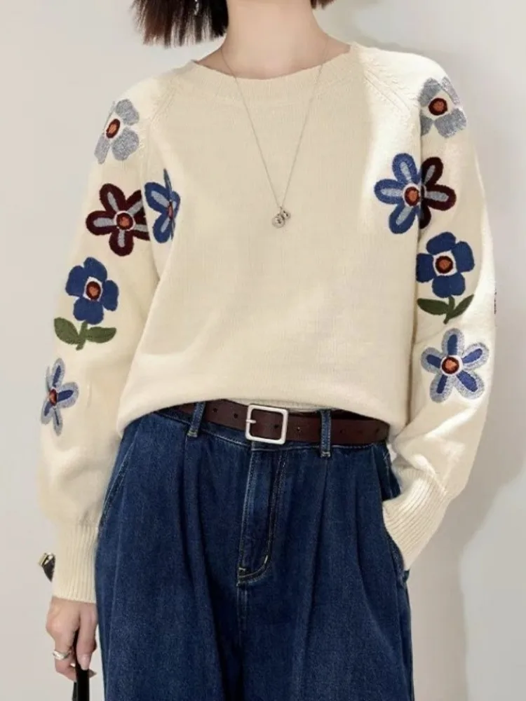 

Lemongor Women Fashion Floral Embroidered Sweaters Spring Autumn Long Sleeve Loose Fit Casual Korean Style Pullovers Tops
