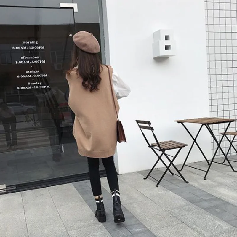 Solid Side-slit Sweater Vests Women Spring Students Baggy Slim Knitted Casual All-match Daily College Korean Style Lazy Soft