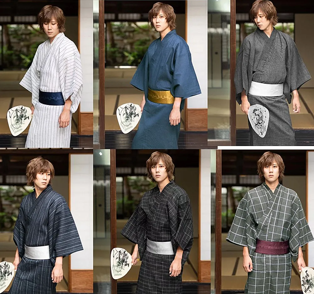 Japanese Kimono Bathrobe Men's Traditional Style Advanced Cotton and Linen Texture Travel Photography Multi-Style Belt