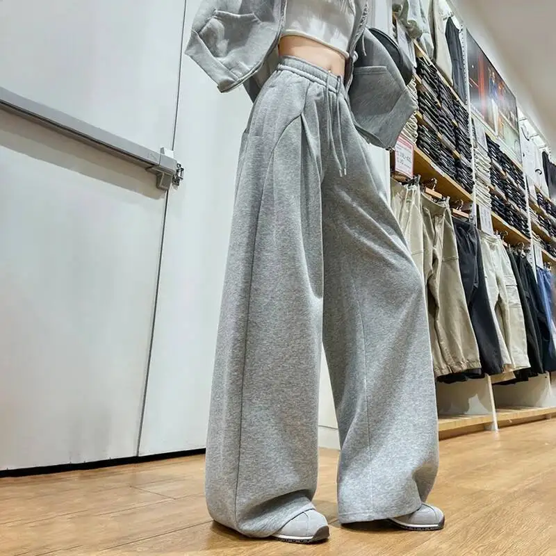 

American Street Baggy Gray Sweatpants For Women Y K Retro Hip Hop Wide Leg Trousers Lazy Style Elastic Waist Lace Up Casual Pant