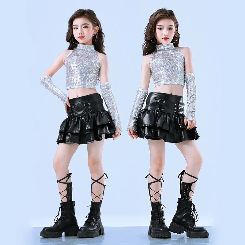 

Kid Kpop Hip Hop Clothing Silver Sequined Halter Crop Tank Top Black Faux Leather Lace up Layered Skirt for Girl Dance Costumes