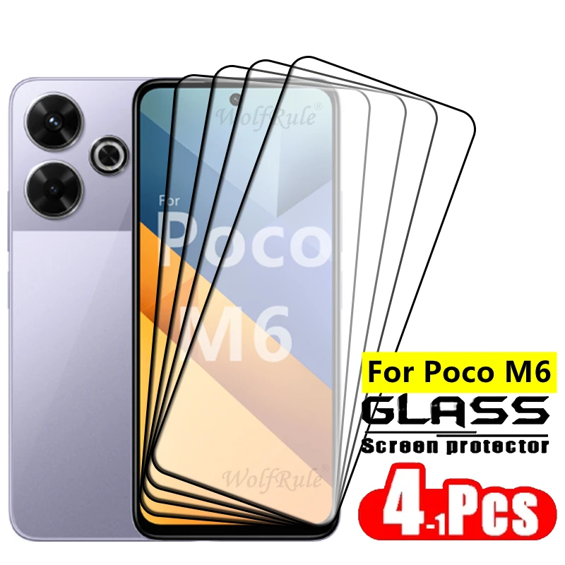 4pcs For Poco M6 Glass Poco M6 Tempered Glass Full Cover Glue Protective Film 9H HD Screen Protector Xiaomi Poco M6 PocoM6 M 6