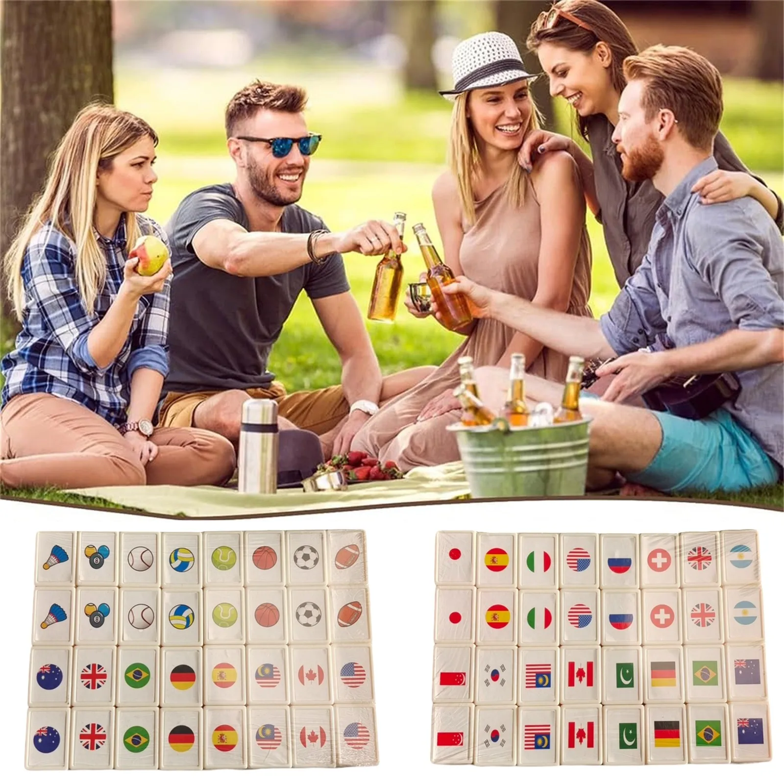 65 Blocks Tiktok Seaside Escape Mahjong Tile Game with Pattern of Flag Ball 1/2 Players Funny Parent Child Party Game Toy Gift ﻿