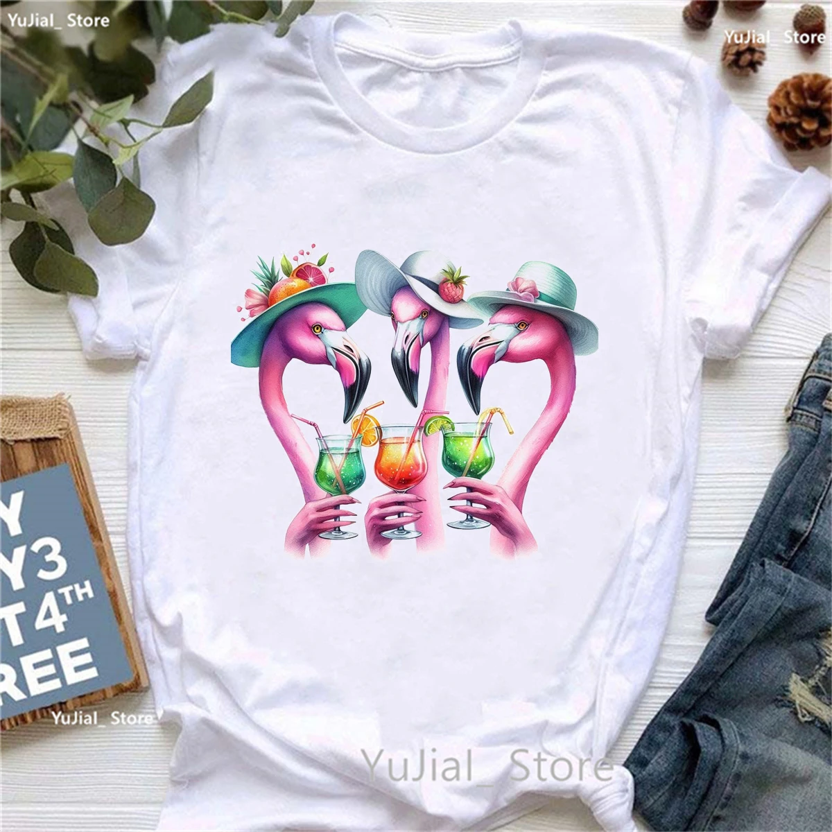 أنيقة فلامنغو شرب عصير المطبوعة التي شيرت الفتيات مضحك الصيف أزياء تي شيرت فام الصلبة قصيرة الأكمام تي شيرت