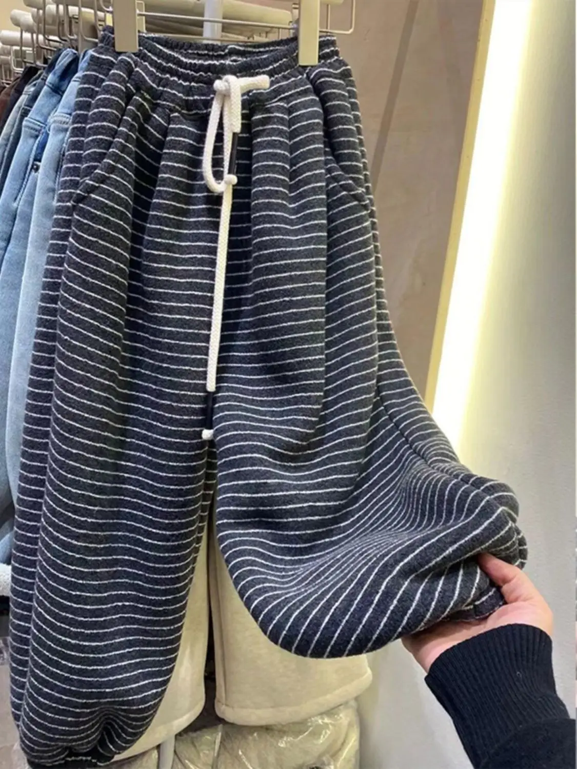 

plus Size Casual Pants Thiened Fce Dstring Warm Thi Striped High Waist Straight Leg Autumn Winter Leisure Trousers
