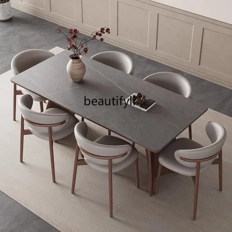 

A French retro solid wood dining table new rock slab high-end family household small apartment