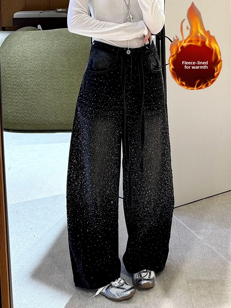 

Ретро-джинсы в американском стиле с широкими штанинами, украшенные стразами, на флисовой подкладке, женские зимние теплые брюки с естественной талией, расклешенные книзу