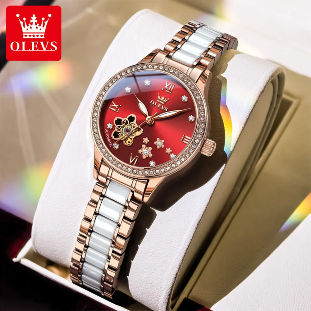 OLEVS 7074 Women Watch High Quality Ceramic Watch Strap Skeleton Diamond Dial Waterproof Automatic Mechanical Women's Watch