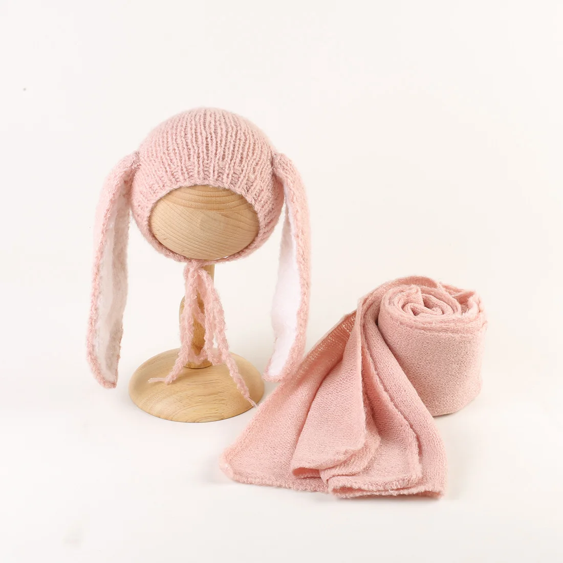 

Vintage Knitted Stretch Wrap And Big Ears Bunny Bonnet Sets Newborn Photography Props Baby Wrap Hat Set Photo Shoot