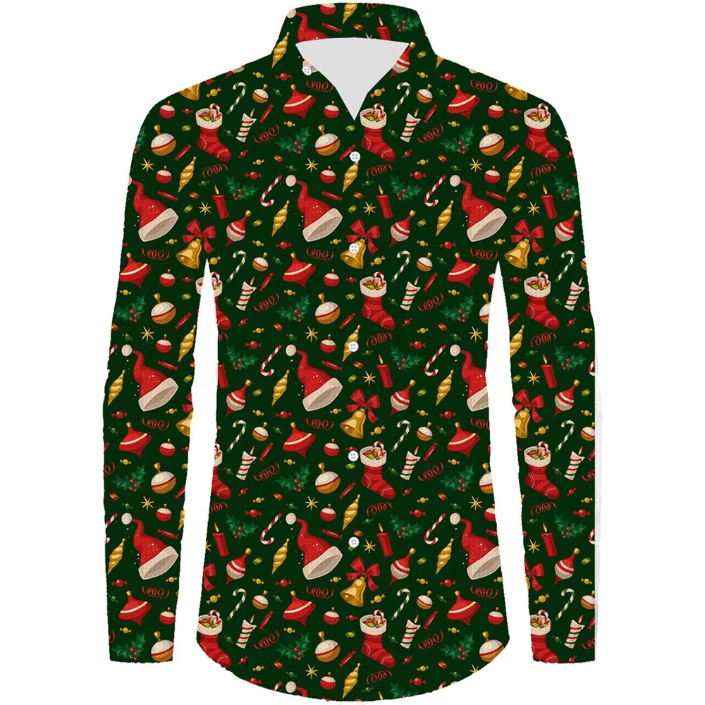 Cartoon Santa 3D Christmas Print Men's Long Sleeve Shirt Fashion Men's Shirt Casual Plus Size Snowman Holiday Party Shirt Top
