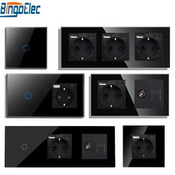 TouchMi Touch Light Switch with EU USB Wall Sockets with TV CAT6 Rj45 Connector Sensor Switches 1Way Black Crystal Wall Switch