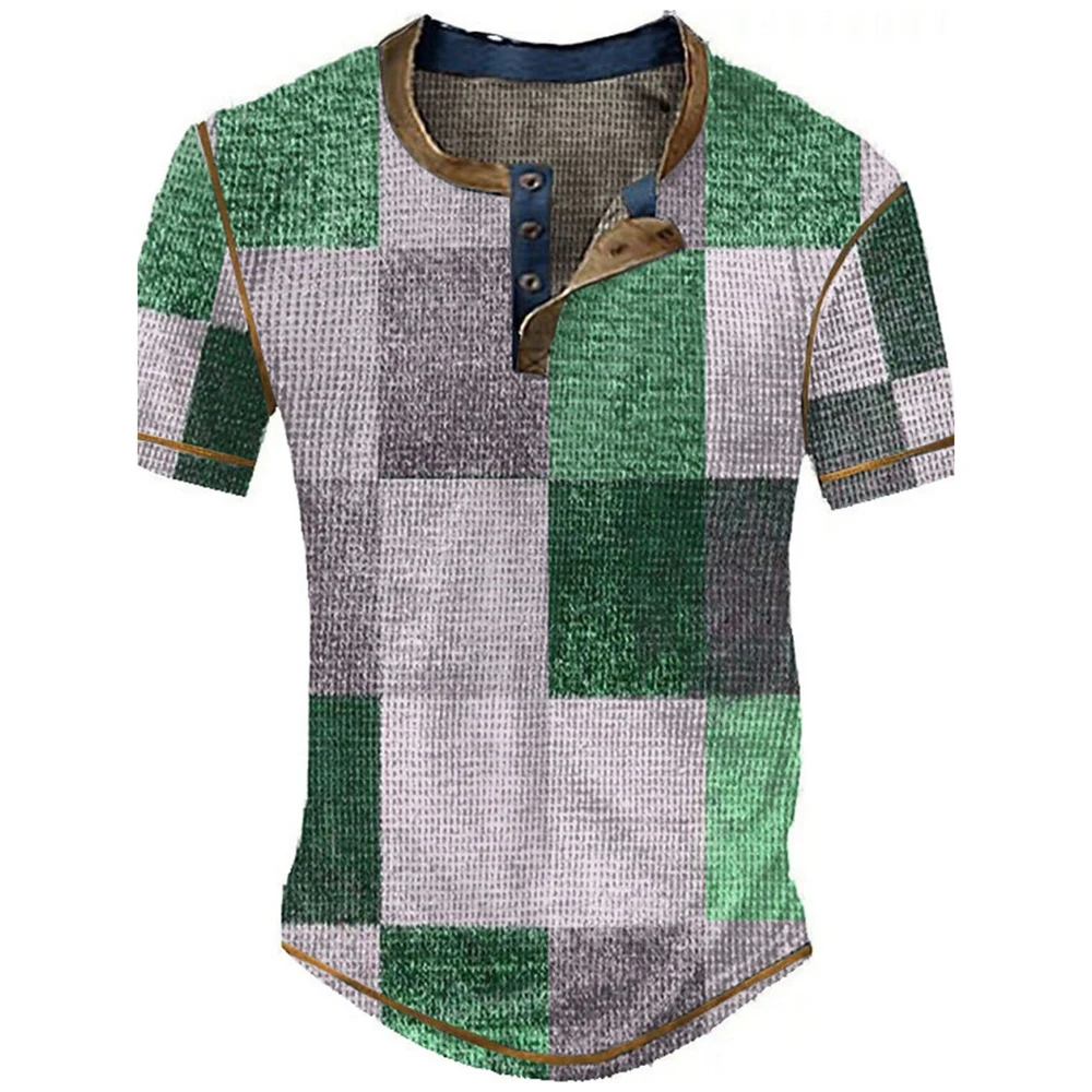 Farbblock-Patchwork Grafik 3D-Druck Henley-Shirts Herren Vintage Mode Übergroße Kurzarm T-Shirts Männer Oberteile Kleidung – Detail 10