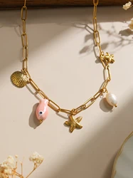 Women's Necklace Shell Natural Pearl Starfish Fish Necklace Bohemian Summer Ocean Beach Stainless Steel 18K Gold Plated Unique