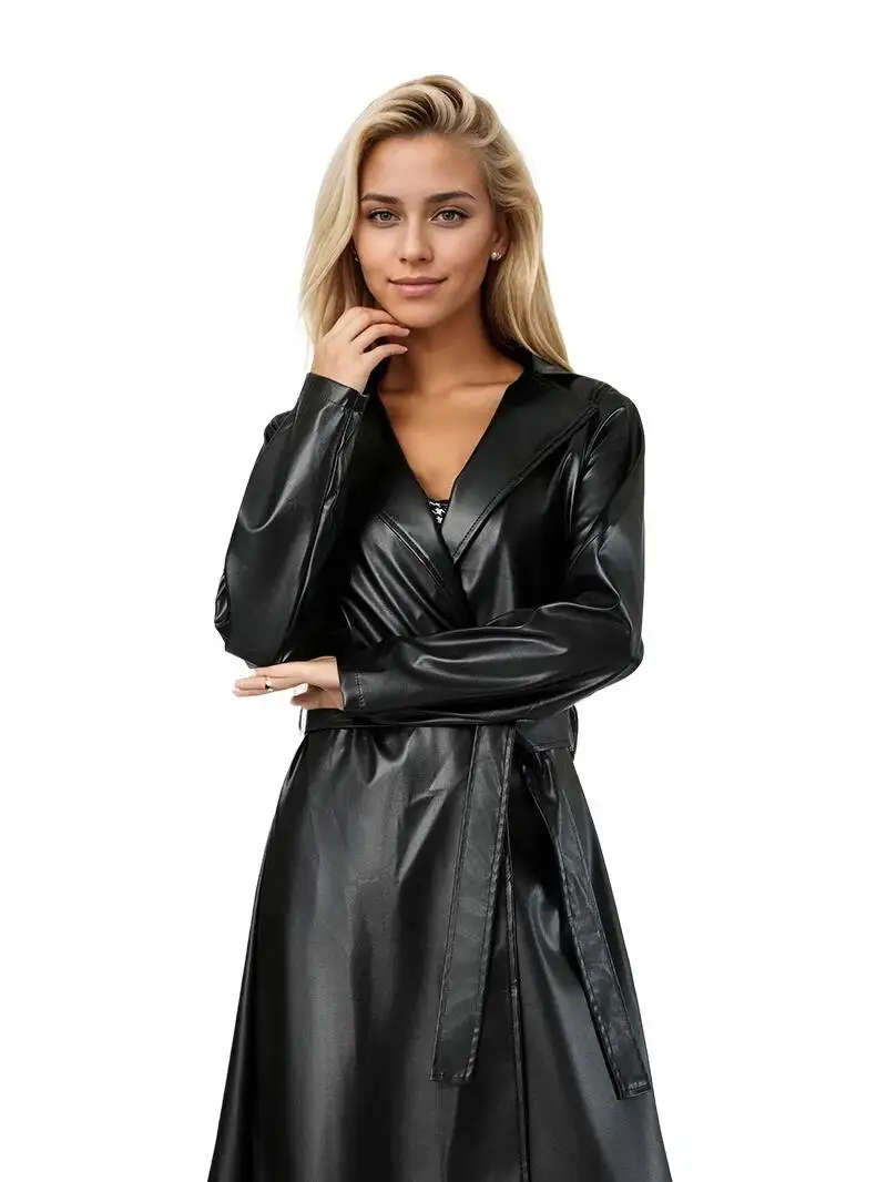 2026 Extended Bathrobe Windbreaker Spring And Autumn Fashion Jacket Leather Coat Women's New Style