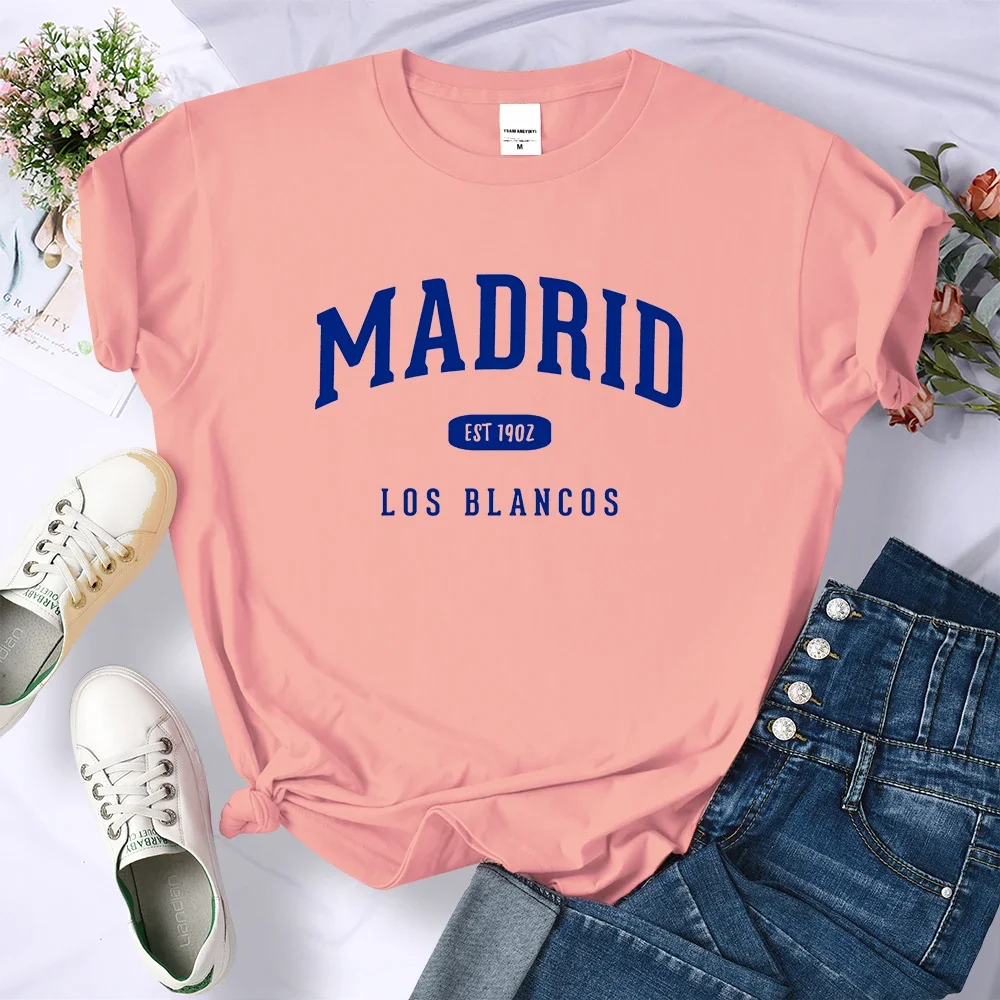 Letter Print T Shirt  Spain Madrid Est 1902 Los Blancos Female Sport Casual Cute Tops Sweat Hip Hop Soft Breathable Women Tee