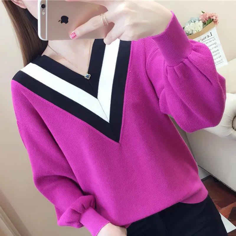 

Fashion V-Neck Knitted Spliced Loose Folds Casual Blouse Female Clothing 2023 Autumn New All-match Pullovers Tops Commute Shirt