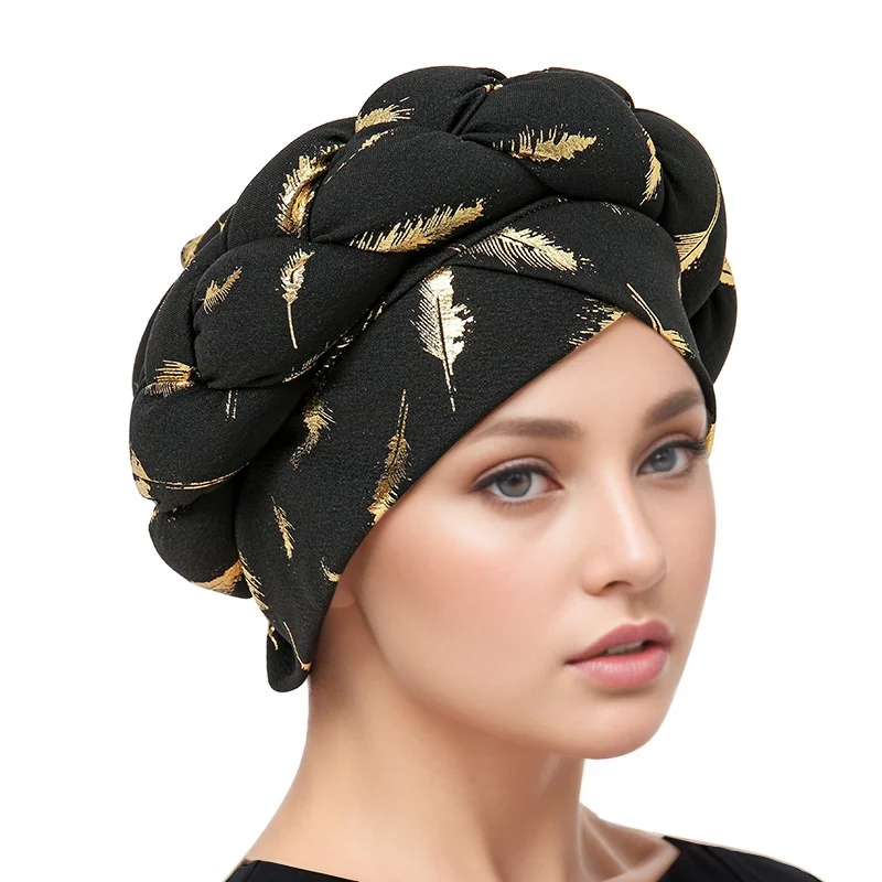 Forehead Cross Women Braid Inner Hijabs Turban Luxury Design Gilding Leaf Muslim Female Soild Color Hat Hijab Headscarf Wraps