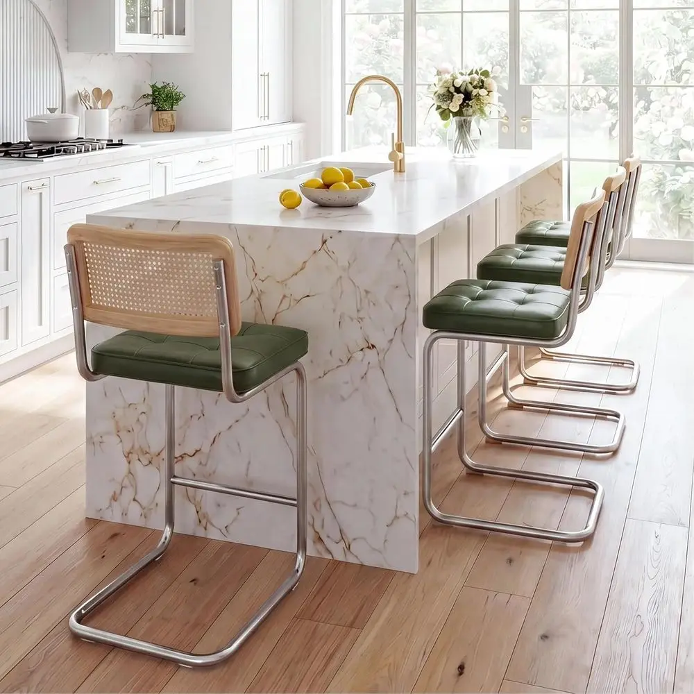

Set of 4 Natural Rattan Counter Height Bar Stools with Solid Wood Backs and Green Faux Leather Seats