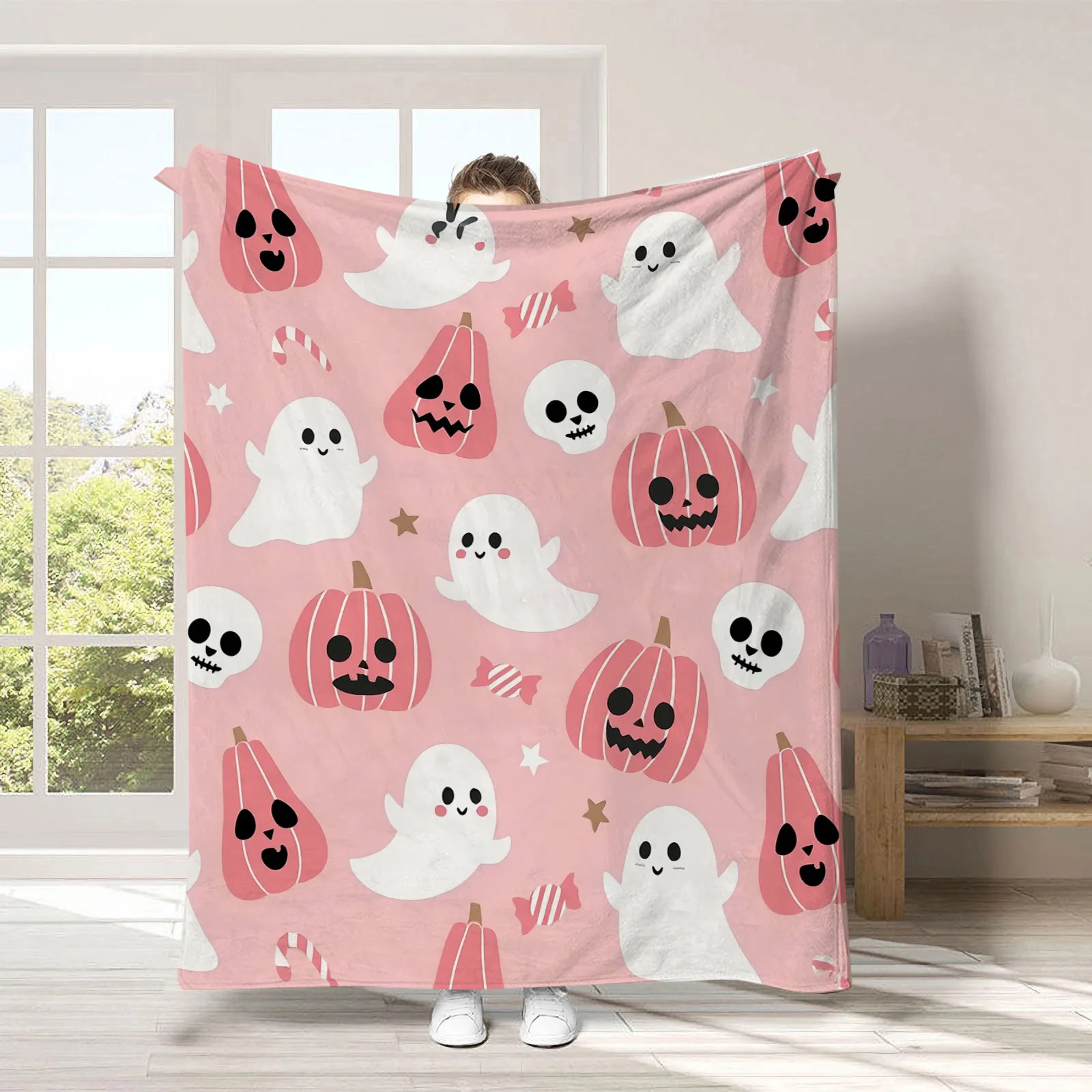 Gruselige schwarze Halloween-Flanelldecke mit Geistern, weiche Universaldecke, multifunktionale Dekorationsdecke, Weihnachtsgeschenk – Detail 17