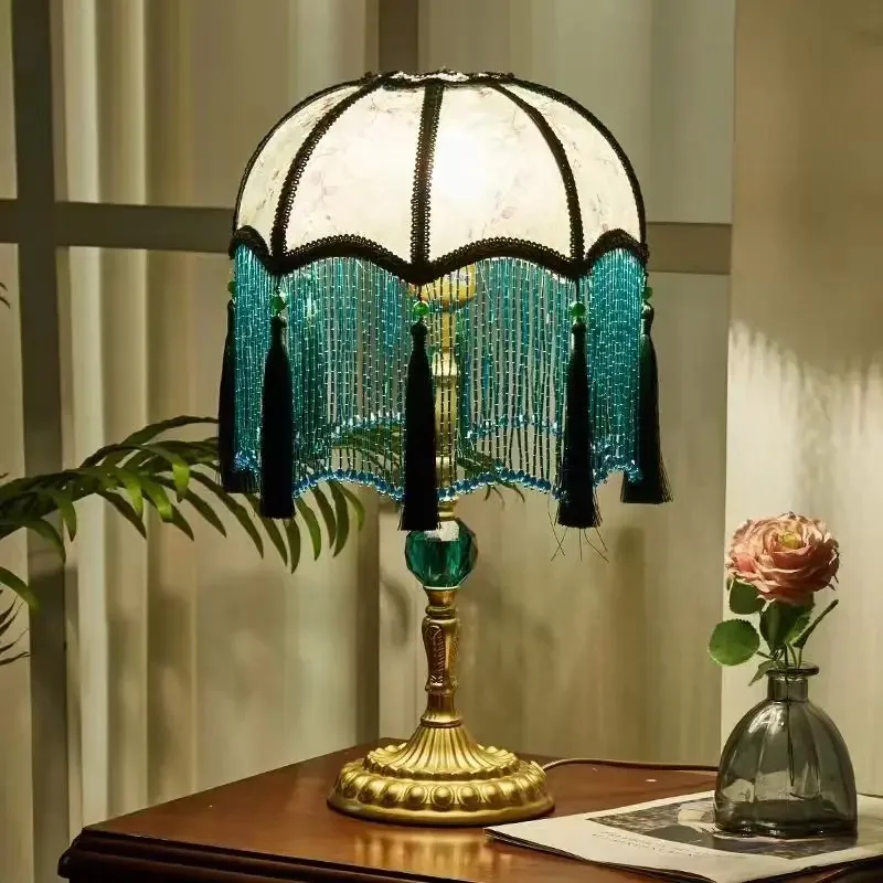 SAMAN French Table Lamp American Retro Living Room Bedroom Villa European Pastoral Creative Tassels Desk Light