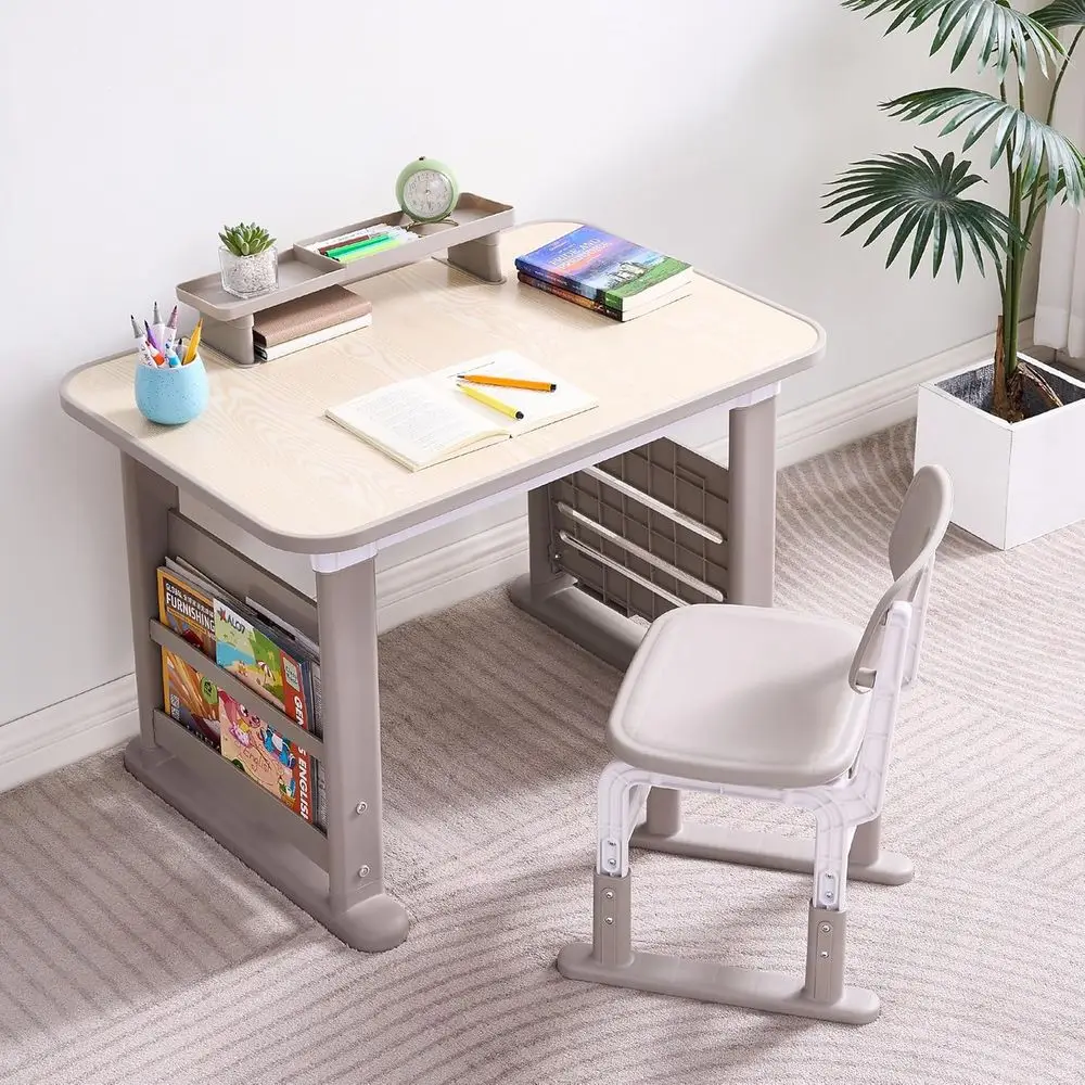 

Kids Desk and Chair Set, Height Adjustable Childrens Study Desk, Graiti Table or 3-12 Years, Kids Art Table with Side Bookshel a