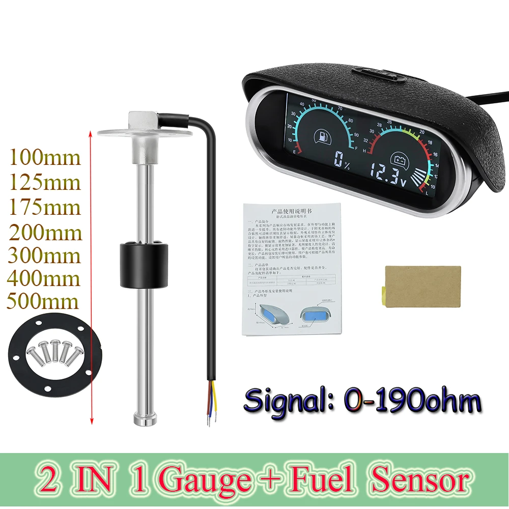 2 IN 1 Car Digital Voltage Meter & Fuel Level Gauge Voltmeter 0-190ohm Water Level Meter Universal Gasoline Meter Sensor 12/24V