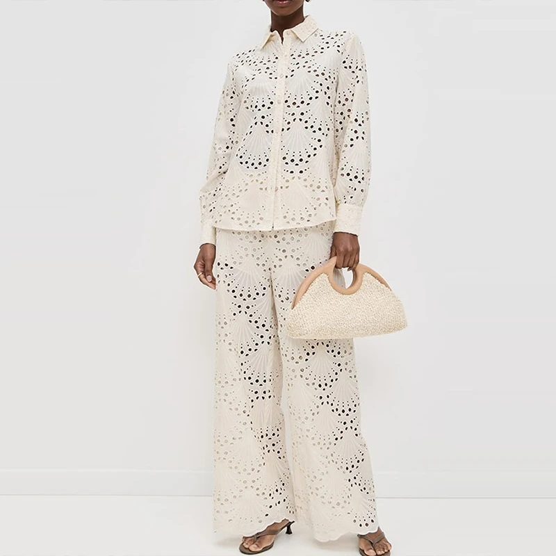 Traje de oficina holgado con bordado a la moda, camisa informal de manga larga y pantalón largo, conjuntos de 2 piezas con botones de solapa elegantes para mujer