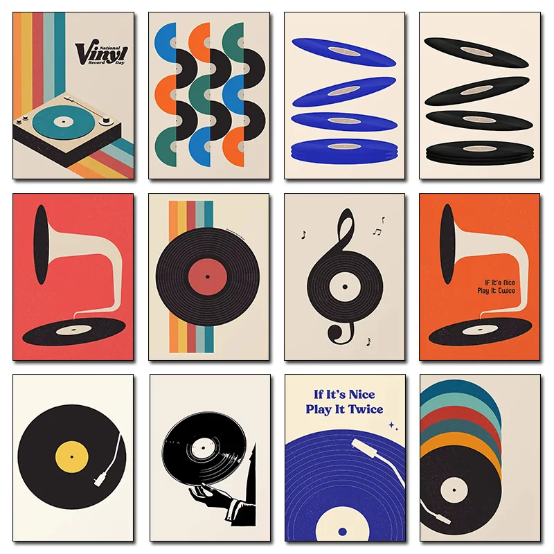 Retro Vinyl Record Print Mid Century Music Minimal Pastel Poster Colorful Wall Art Trendy Minimalist Turntable Home Room Decor